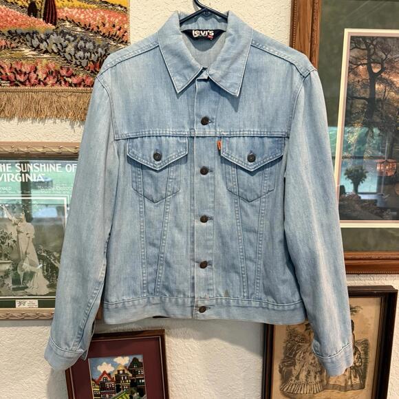 Vintage 80s RARE Blue And White Levi’s Tag Orange Tab Light Wash Jacket Size Med - Picture 1 of 7